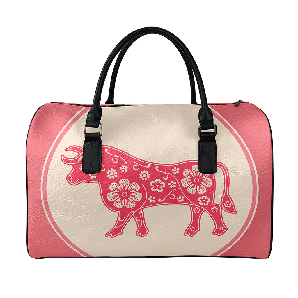 Chinese Flower Ox Zodiac Print Leather Duffle Bag