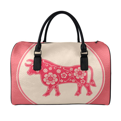 Chinese Flower Ox Zodiac Print Leather Duffle Bag