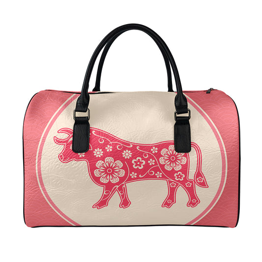 Chinese Flower Ox Zodiac Print Leather Duffle Bag
