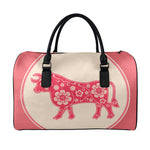 Chinese Flower Ox Zodiac Print Leather Duffle Bag