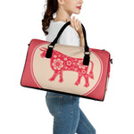 Chinese Flower Ox Zodiac Print Leather Duffle Bag