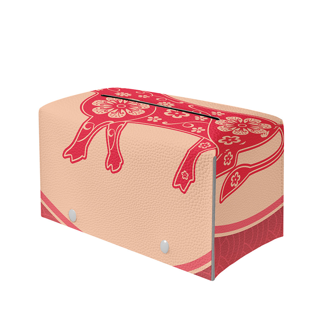 Chinese Flower Ox Zodiac Print Leather Tissue Box Cover