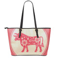 Chinese Flower Ox Zodiac Print Leather Tote Bag With Zipper