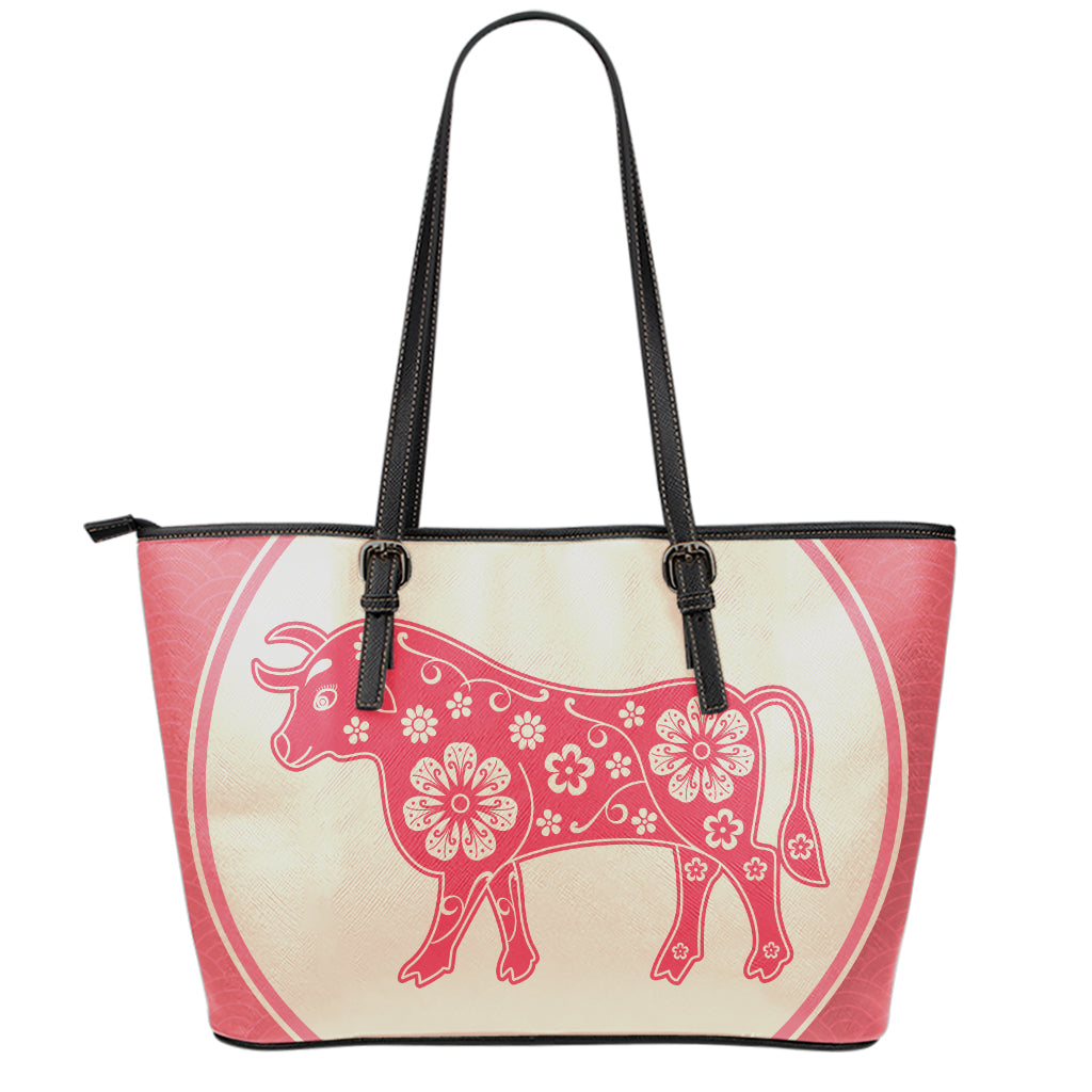Chinese Flower Ox Zodiac Print Leather Tote Bag