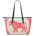 Chinese Flower Ox Zodiac Print Leather Tote Bag