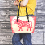 Chinese Flower Ox Zodiac Print Leather Tote Bag