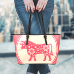 Chinese Flower Ox Zodiac Print Leather Tote Bag