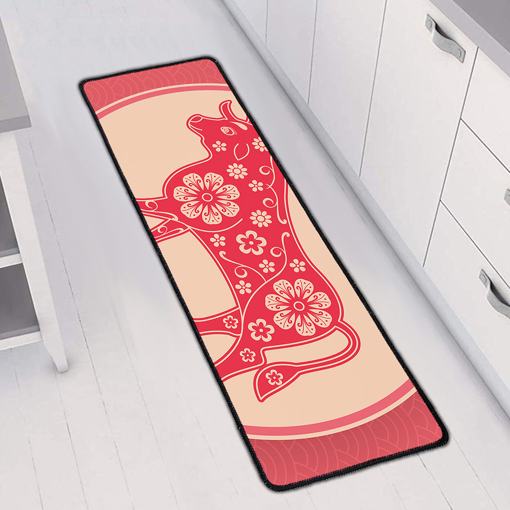 Chinese Flower Ox Zodiac Print Long Kitchen Mat