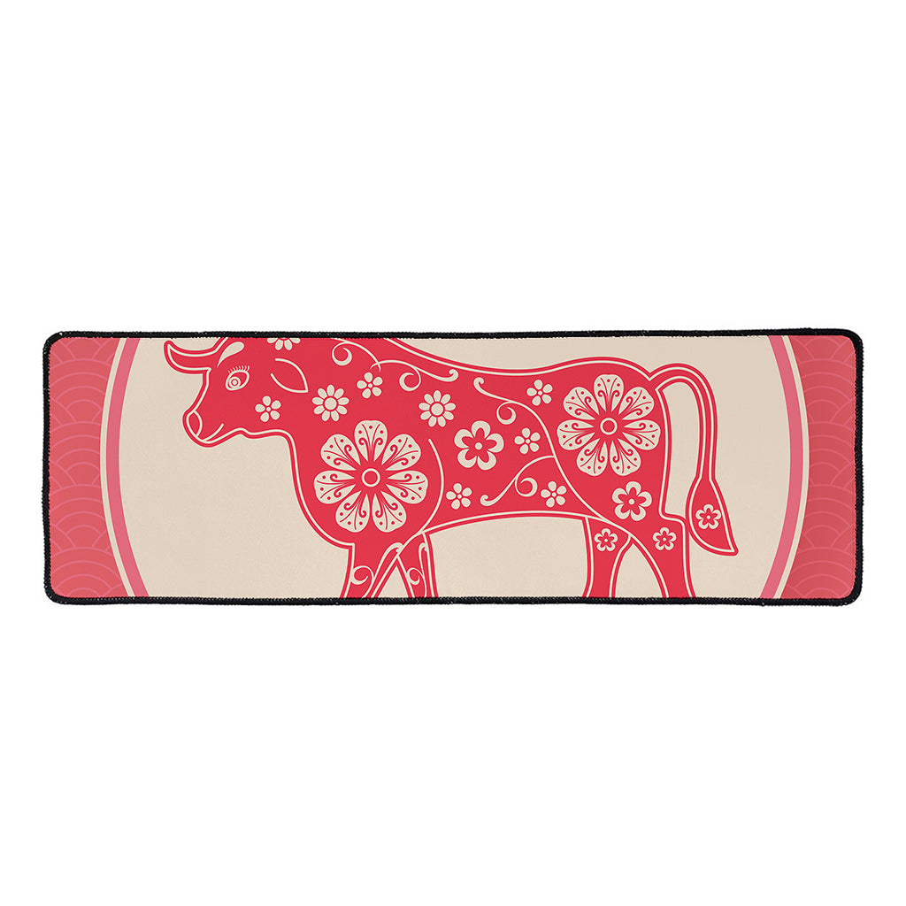 Chinese Flower Ox Zodiac Print Long Kitchen Mat