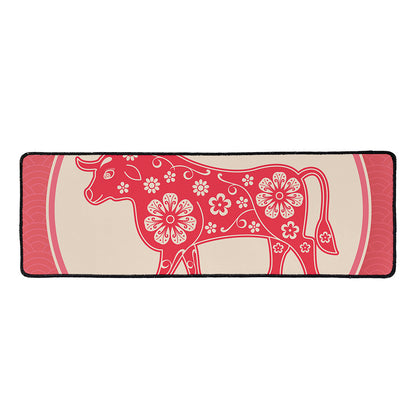 Chinese Flower Ox Zodiac Print Long Kitchen Mat