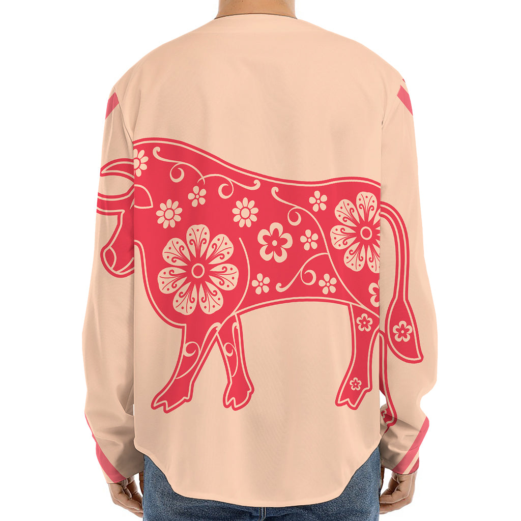 Chinese Flower Ox Zodiac Print Long Sleeve Baseball Jersey