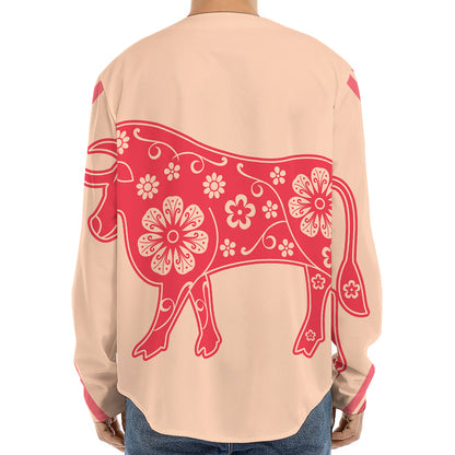 Chinese Flower Ox Zodiac Print Long Sleeve Baseball Jersey