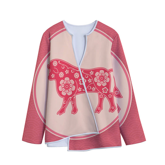 Chinese Flower Ox Zodiac Print Long Sleeve Short Coat