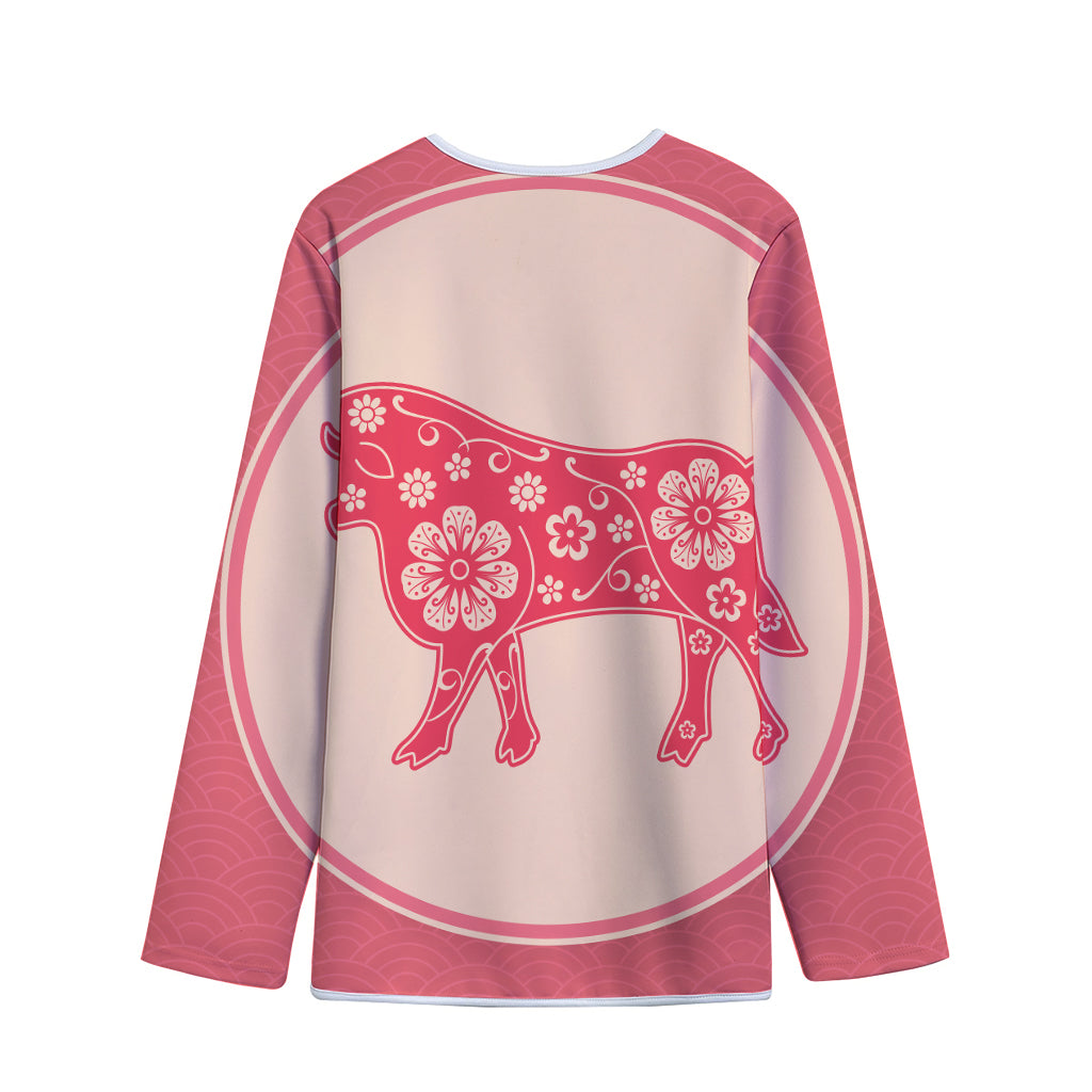 Chinese Flower Ox Zodiac Print Long Sleeve Short Coat