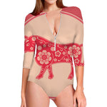 Chinese Flower Ox Zodiac Print Long Sleeve Swimsuit