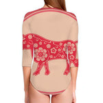 Chinese Flower Ox Zodiac Print Long Sleeve Swimsuit