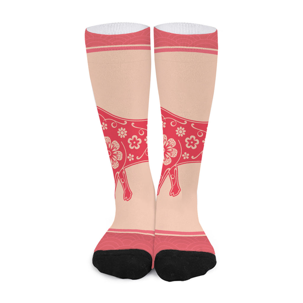 Chinese Flower Ox Zodiac Print Long Socks