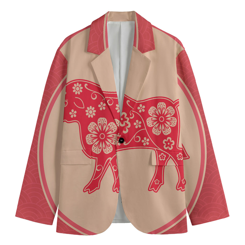 Chinese Flower Ox Zodiac Print Men's Blazer