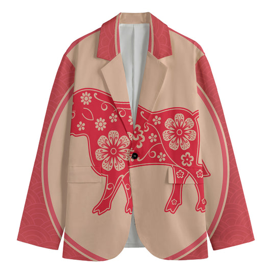 Chinese Flower Ox Zodiac Print Men's Blazer