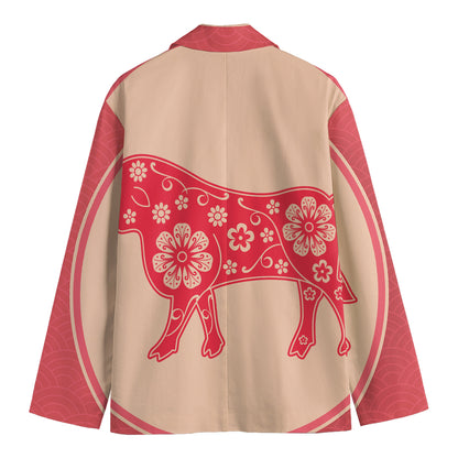 Chinese Flower Ox Zodiac Print Men's Blazer