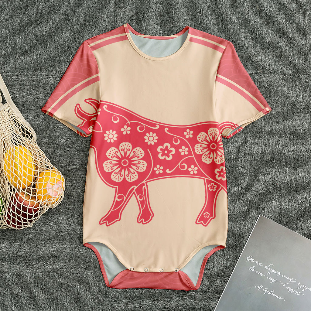 Chinese Flower Ox Zodiac Print Men's Bodysuit