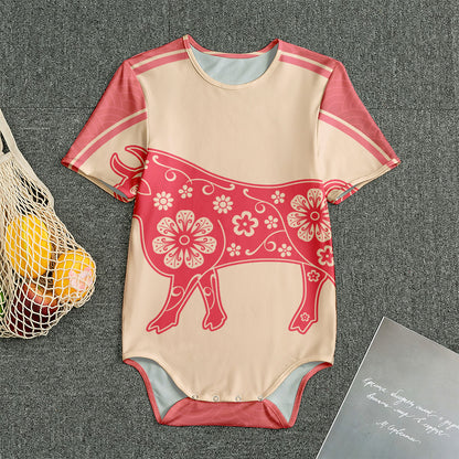 Chinese Flower Ox Zodiac Print Men's Bodysuit