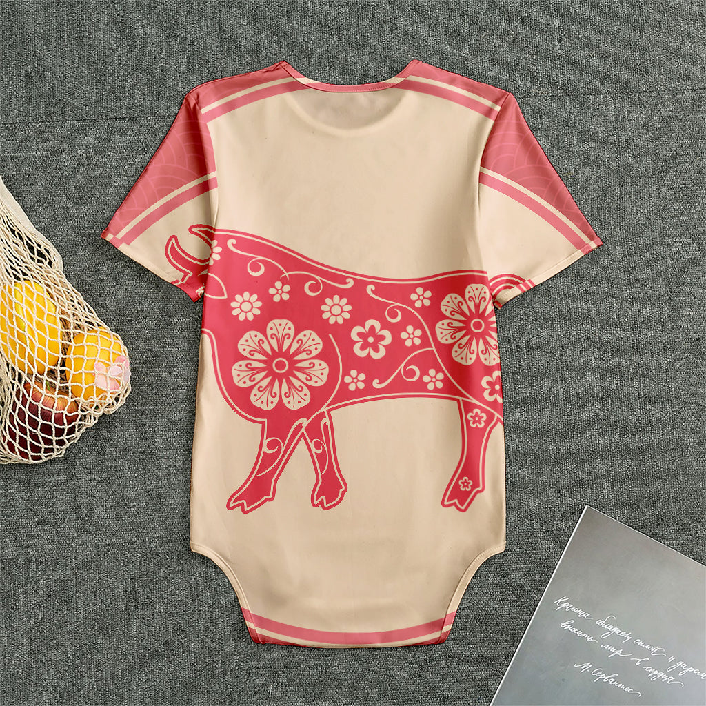 Chinese Flower Ox Zodiac Print Men's Bodysuit