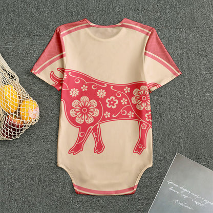 Chinese Flower Ox Zodiac Print Men's Bodysuit