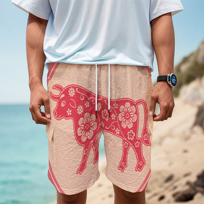 Chinese Flower Ox Zodiac Print Men's Cargo Shorts