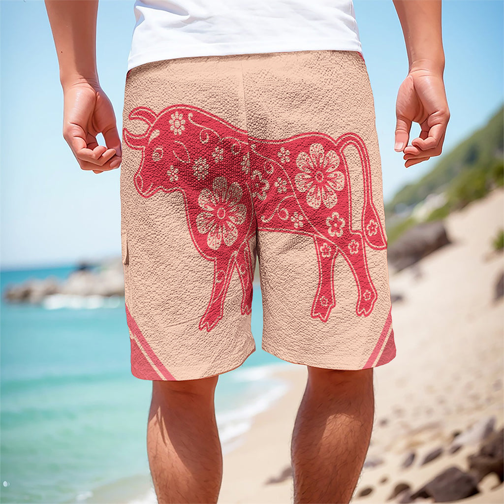 Chinese Flower Ox Zodiac Print Men's Cargo Shorts