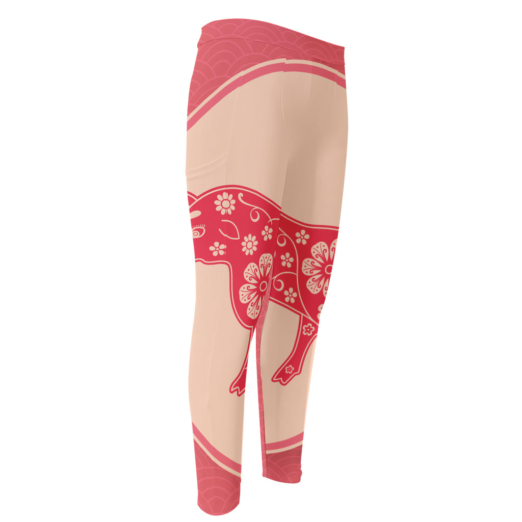 Chinese Flower Ox Zodiac Print Men's Compression Pants