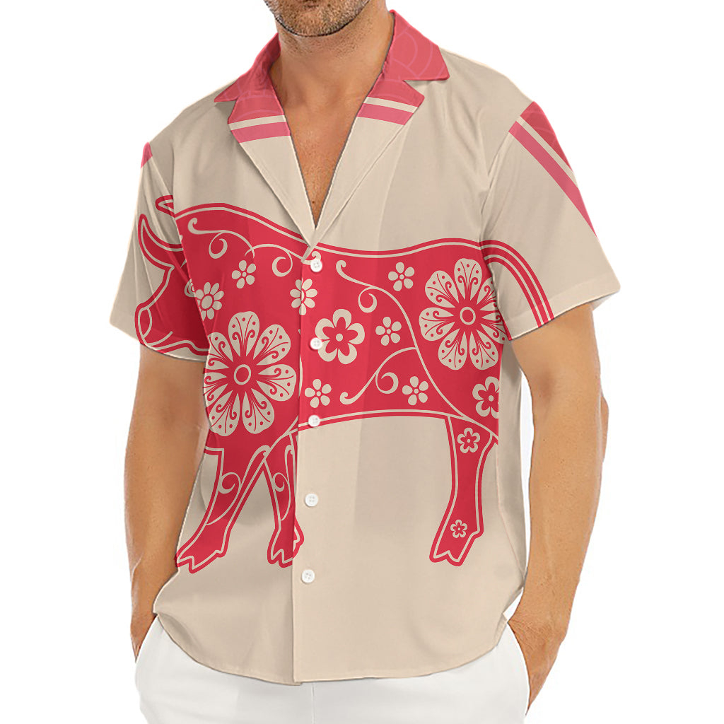 Chinese Flower Ox Zodiac Print Men's Deep V-Neck Shirt