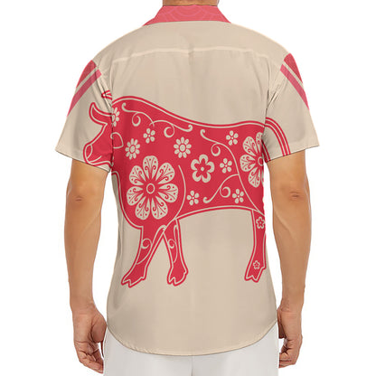 Chinese Flower Ox Zodiac Print Men's Deep V-Neck Shirt