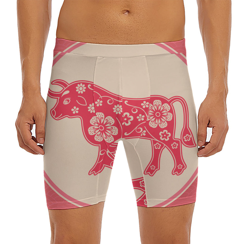 Chinese Flower Ox Zodiac Print Men's Long Boxer Briefs