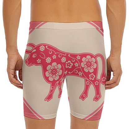 Chinese Flower Ox Zodiac Print Men's Long Boxer Briefs