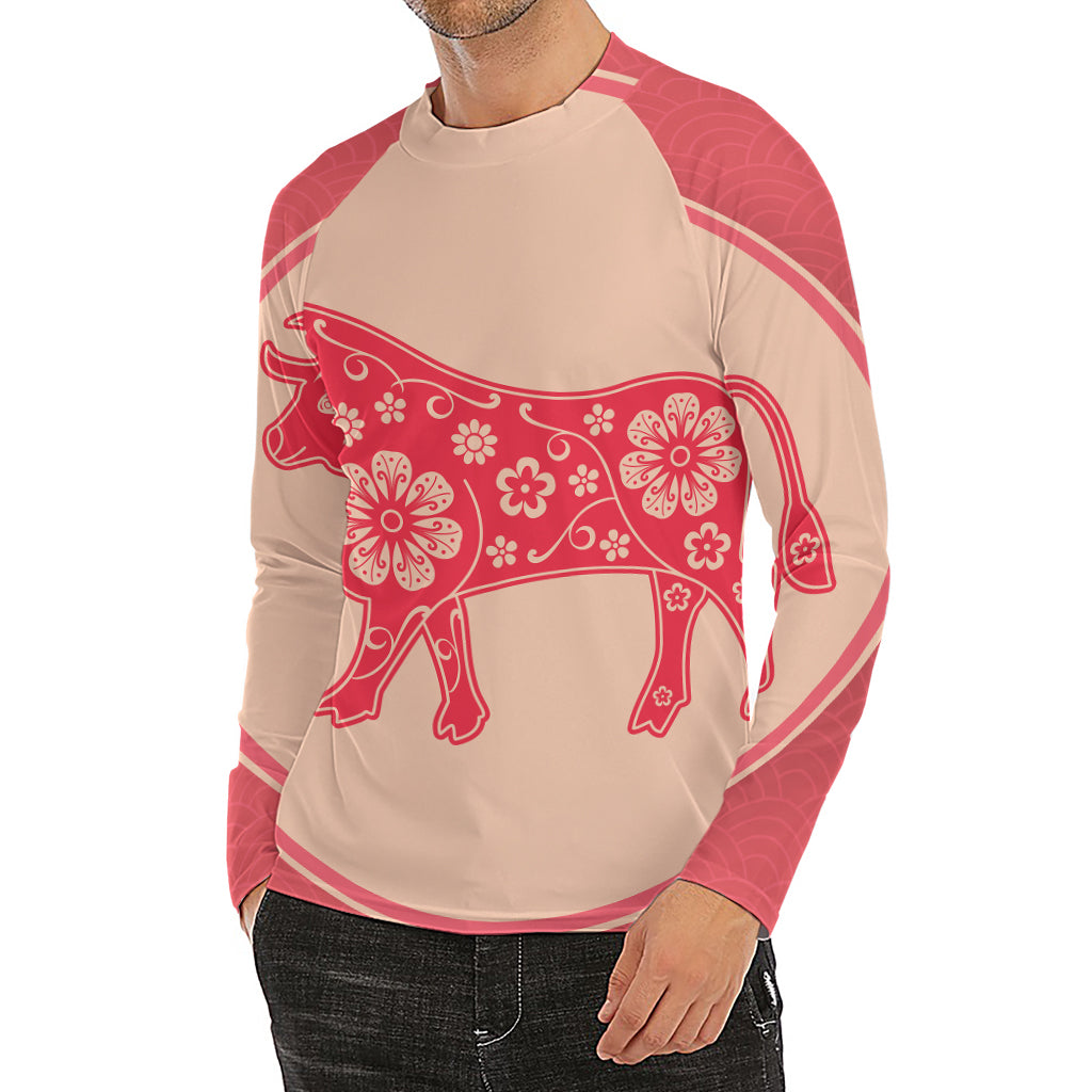 Chinese Flower Ox Zodiac Print Men's Long Sleeve Rash Guard