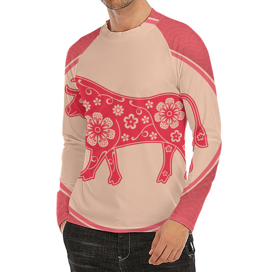 Chinese Flower Ox Zodiac Print Men's Long Sleeve Rash Guard