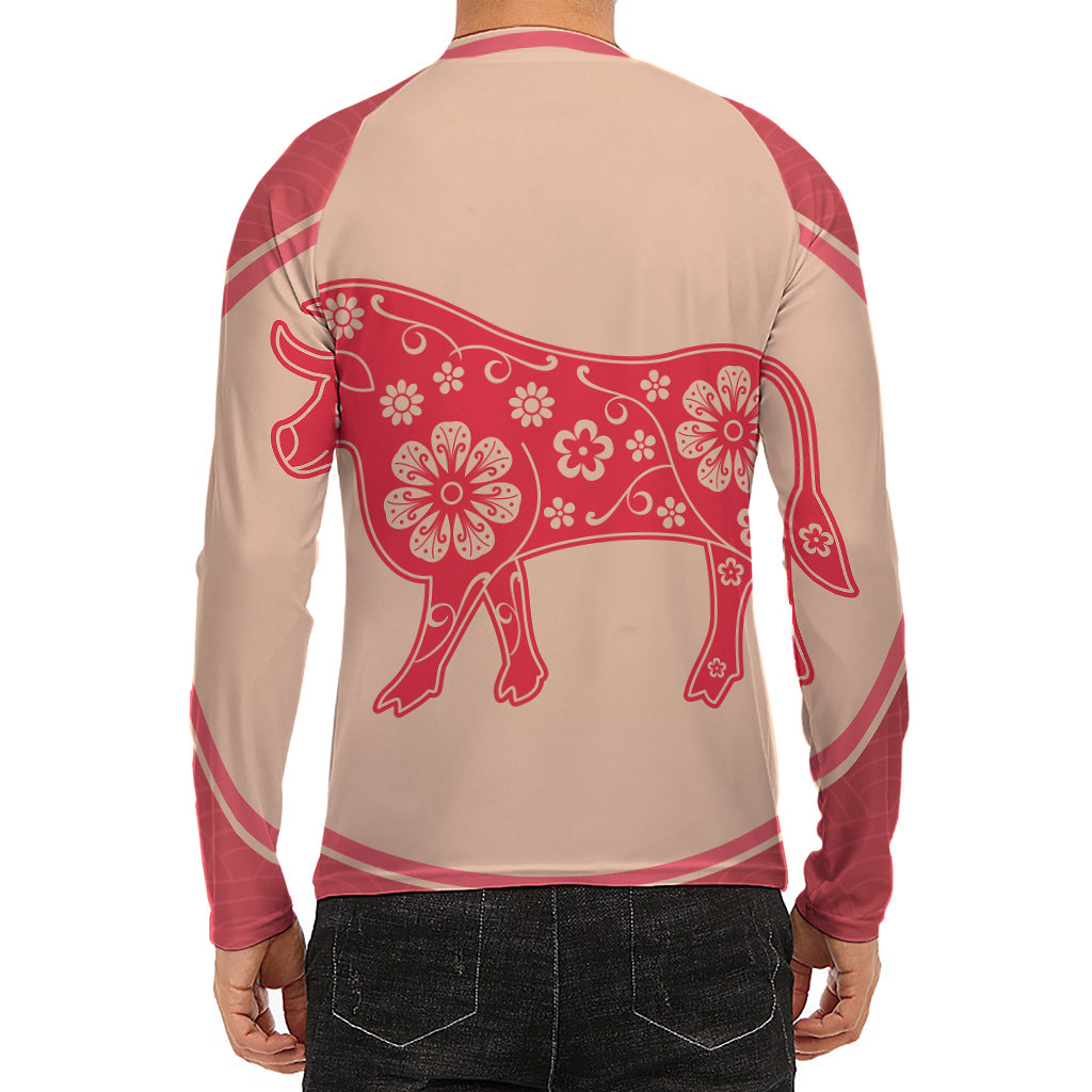 Chinese Flower Ox Zodiac Print Men's Long Sleeve Rash Guard