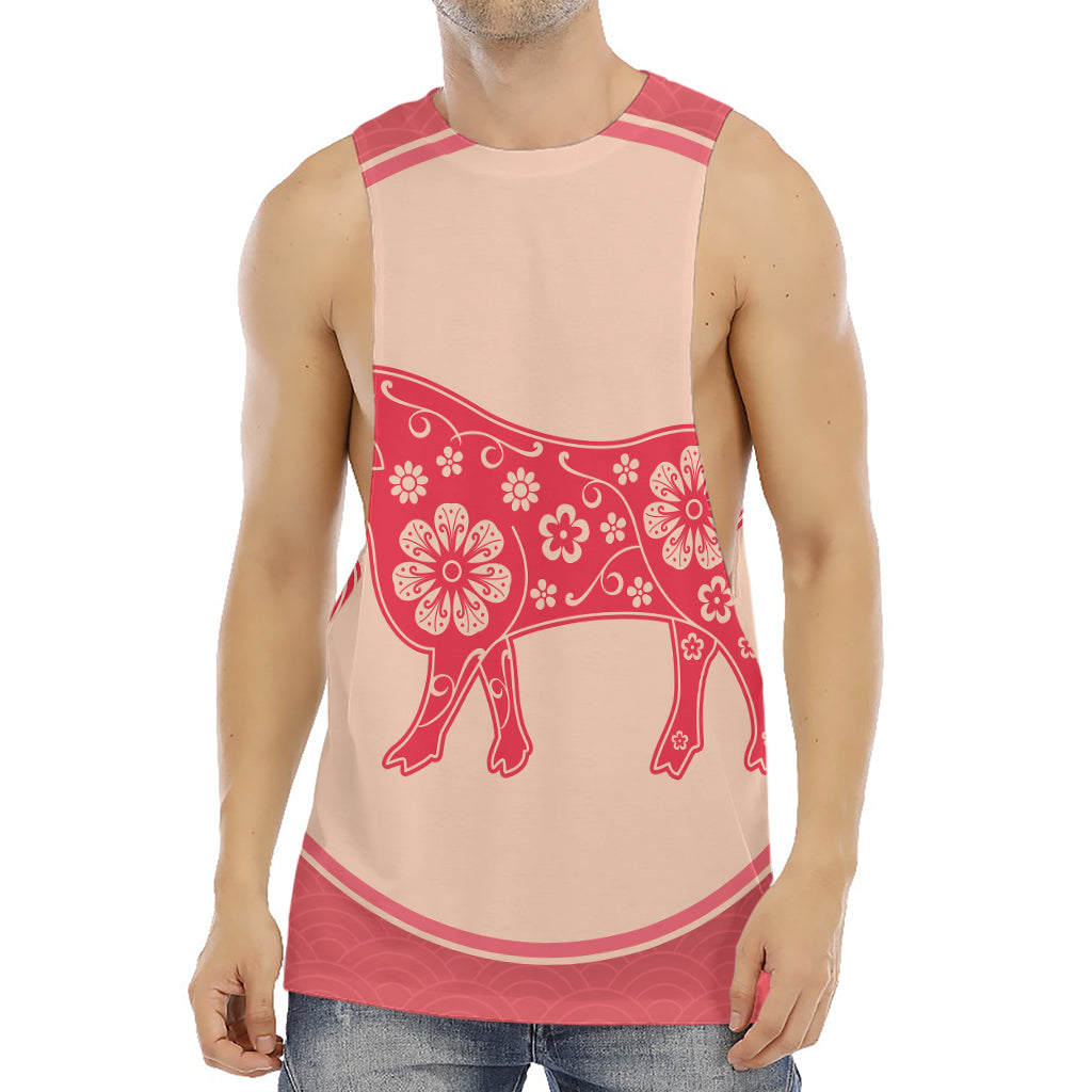 Chinese Flower Ox Zodiac Print Men's Muscle Tank Top