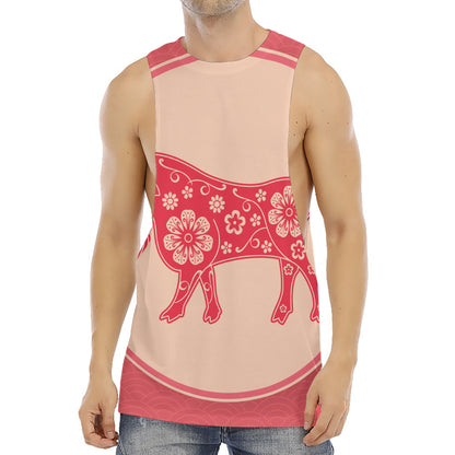 Chinese Flower Ox Zodiac Print Men's Muscle Tank Top