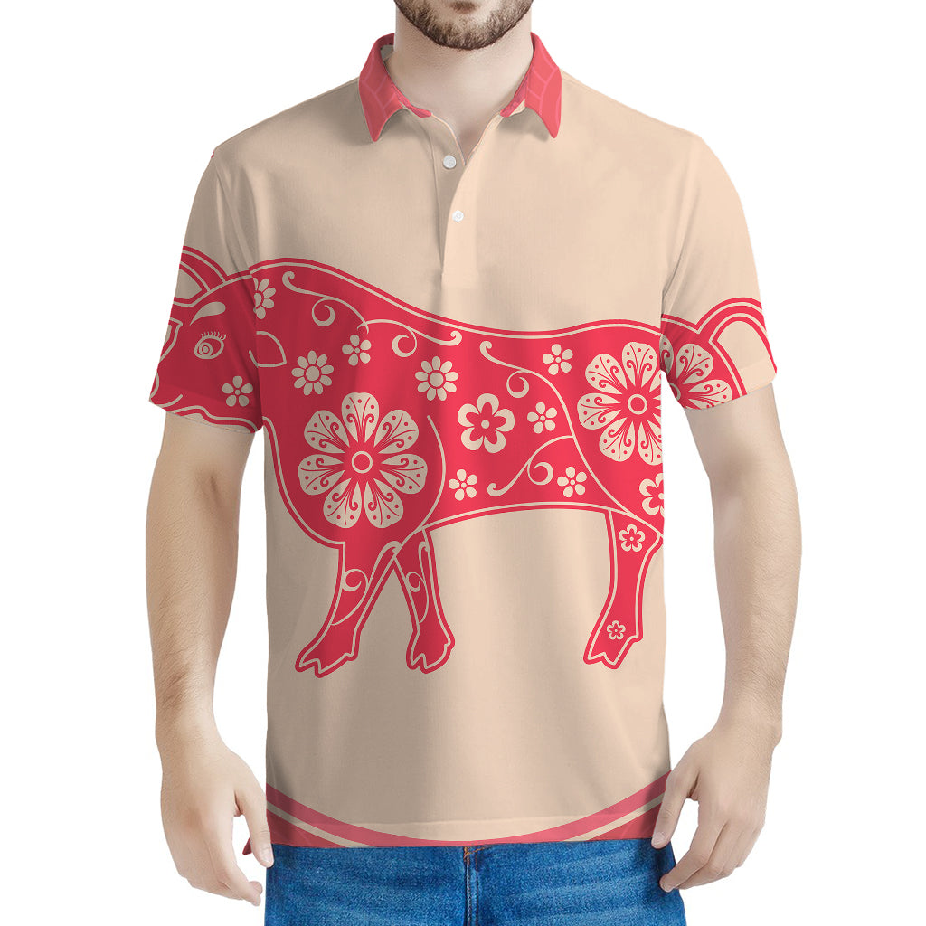 Chinese Flower Ox Zodiac Print Men's Polo Shirt