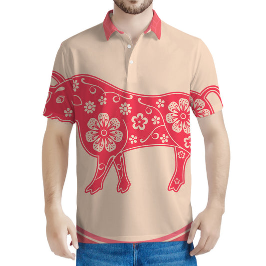Chinese Flower Ox Zodiac Print Men's Polo Shirt