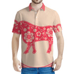 Chinese Flower Ox Zodiac Print Men's Polo Shirt
