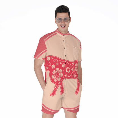 Chinese Flower Ox Zodiac Print Men's Rompers