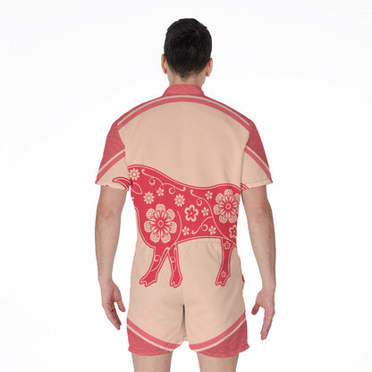 Chinese Flower Ox Zodiac Print Men's Rompers