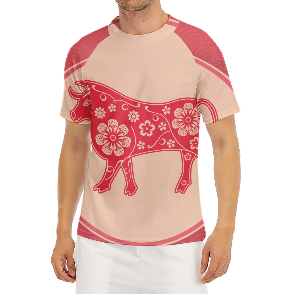 Chinese Flower Ox Zodiac Print Men's Short Sleeve Rash Guard
