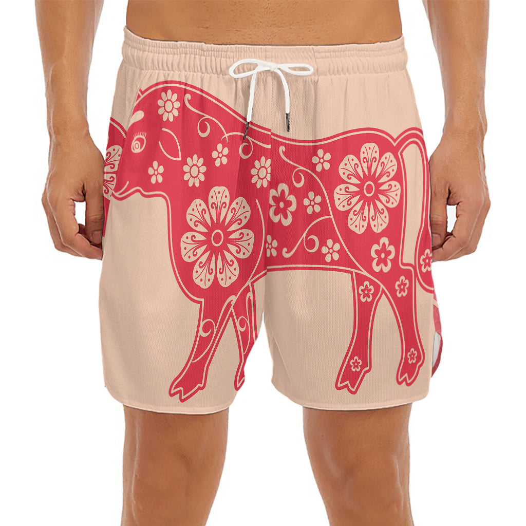 Chinese Flower Ox Zodiac Print Men's Split Running Shorts