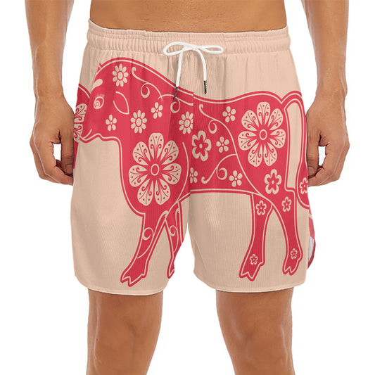 Chinese Flower Ox Zodiac Print Men's Split Running Shorts