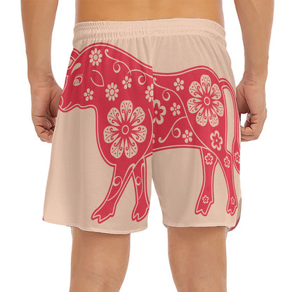 Chinese Flower Ox Zodiac Print Men's Split Running Shorts