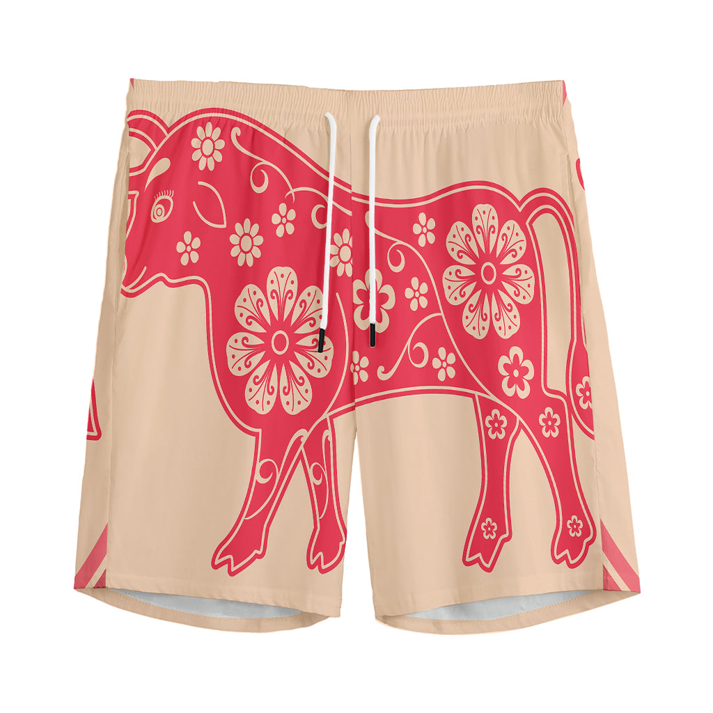 Chinese Flower Ox Zodiac Print Men's Sports Shorts